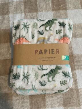 PAPIER Luxury Velvet Throw 40x50 inches - Dinosaur Print in Cream, Green & Coral